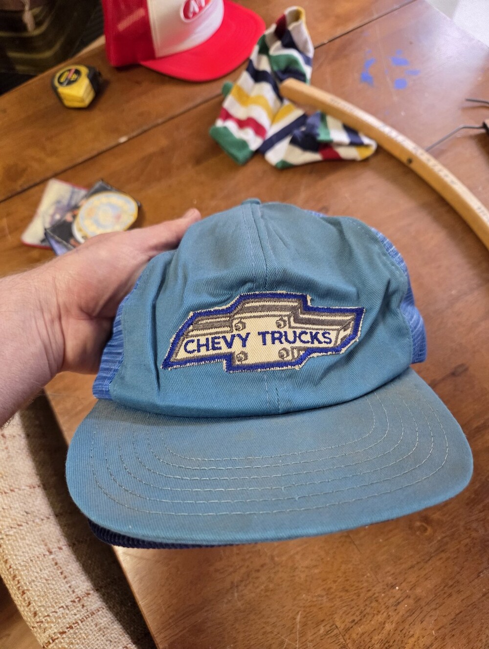 Vintage Chevy Trucks Snapback Hat Blue Mesh Trucker Cap Chevrolet Bowtie 80s